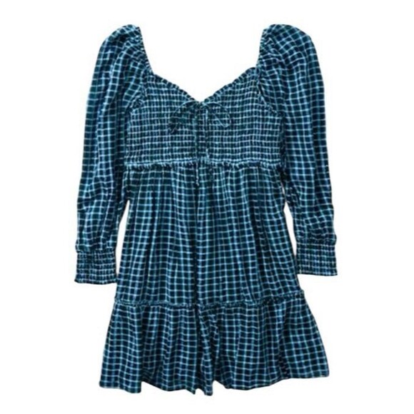 American Eagle Outfitters Dresses & Skirts - American Eagle Blue Smocked Plaid Babydoll Mini Dress Women’s Large Academia